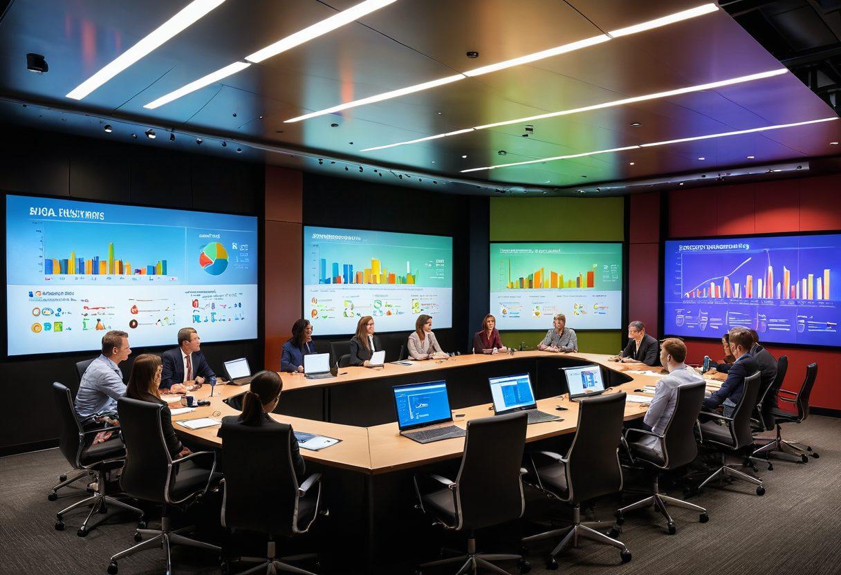 A dynamic business meeting scene showcasing diverse stakeholders around a large table, engaged in animated discussions and voting on innovative ideas. Colorful graphs and charts depicting progress decorate the walls, while a digital display presents real-time polling results. Include elements of modern technology like laptops and tablets. The atmosphere is vibrant and collaborative, with a sense of excitement for future innovations. super-realistic. vibrant colors. 3D.