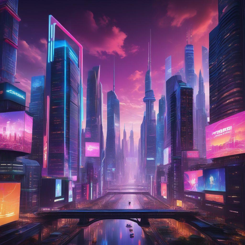 A futuristic cityscape depicting diverse industries, with skyscrapers and factories integrated harmoniously. Include symbolic elements of business voting, such as abstract ballots floating in the air. Show vibrant digital screens displaying positive growth statistics and interconnecting networks. Add people of various backgrounds engaging in discussions, showcasing unity and collaboration. cyberpunk. vibrant colors.