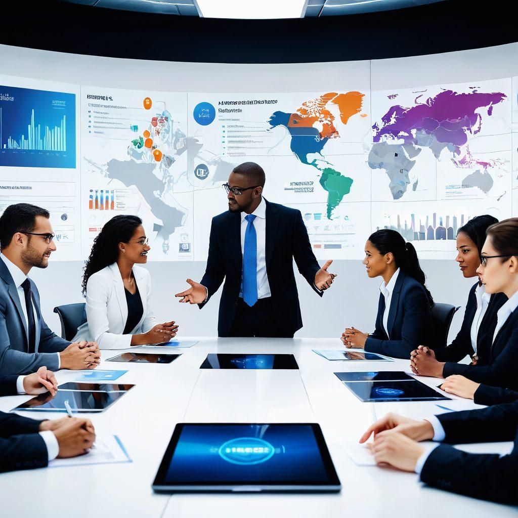A dynamic boardroom scene showing diverse corporate leaders engaged in voting, with digital screens displaying graphs and industry trends. Emphasize expressions of determination and collaboration among the participants. Include floating icons representing technology and innovation, suggesting a futuristic business environment. super-realistic. vibrant colors. white background.